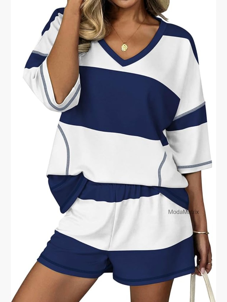 Women's Summer Lounge Set Striped Top Shorts Polyester Spandex Comfy